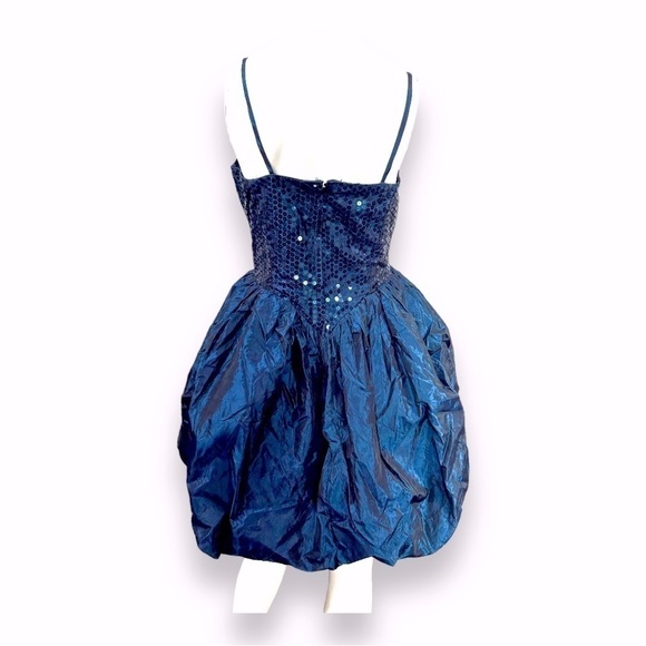Vintage 80’s Blue Prom Dress Short Bubble Hem Taffeta Sparkle Sequins Sleeveless - Picture 2 of 5